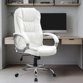 Premium White Leatherette Office Chair with Fixed Armrests | Ergonomic Home Office Desk Chair | Heavy Duty Chrome Base
